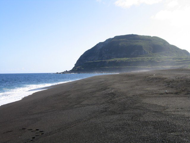 Picture of Mt. Suribachi and invasion beach on Iwo Jima.