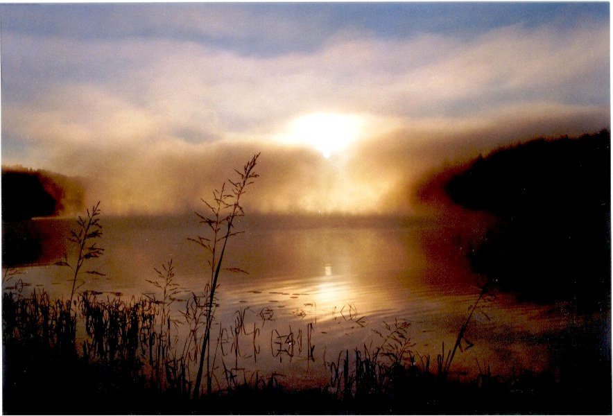 Sunrise at a misty lake