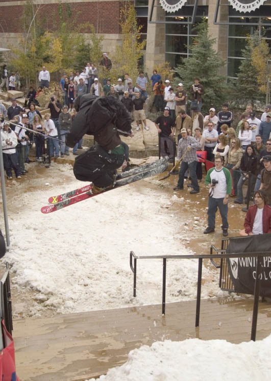 Jon throwing a 180 over the stairs at the HH rail jam