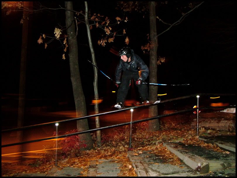 Curved down rail at the local high school.  Taken around this past Halloween.