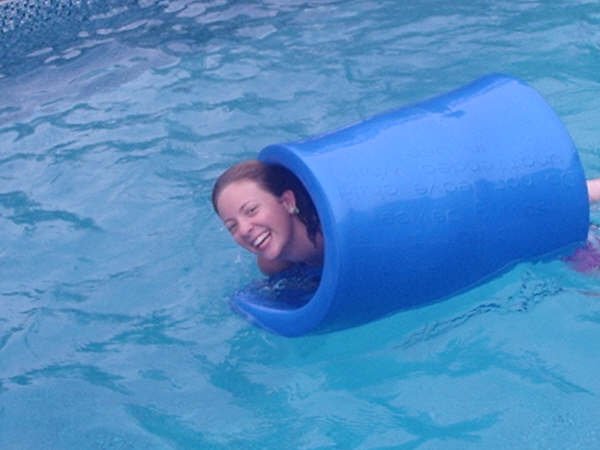 Wrapped in a big blue floaty "taco"