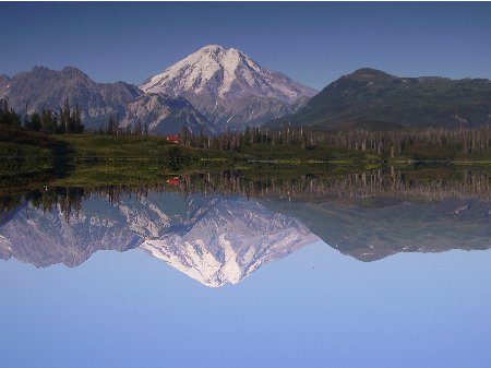 a shot of volcano and its reflection on bear lake...... you make the vote right side up? or upside d