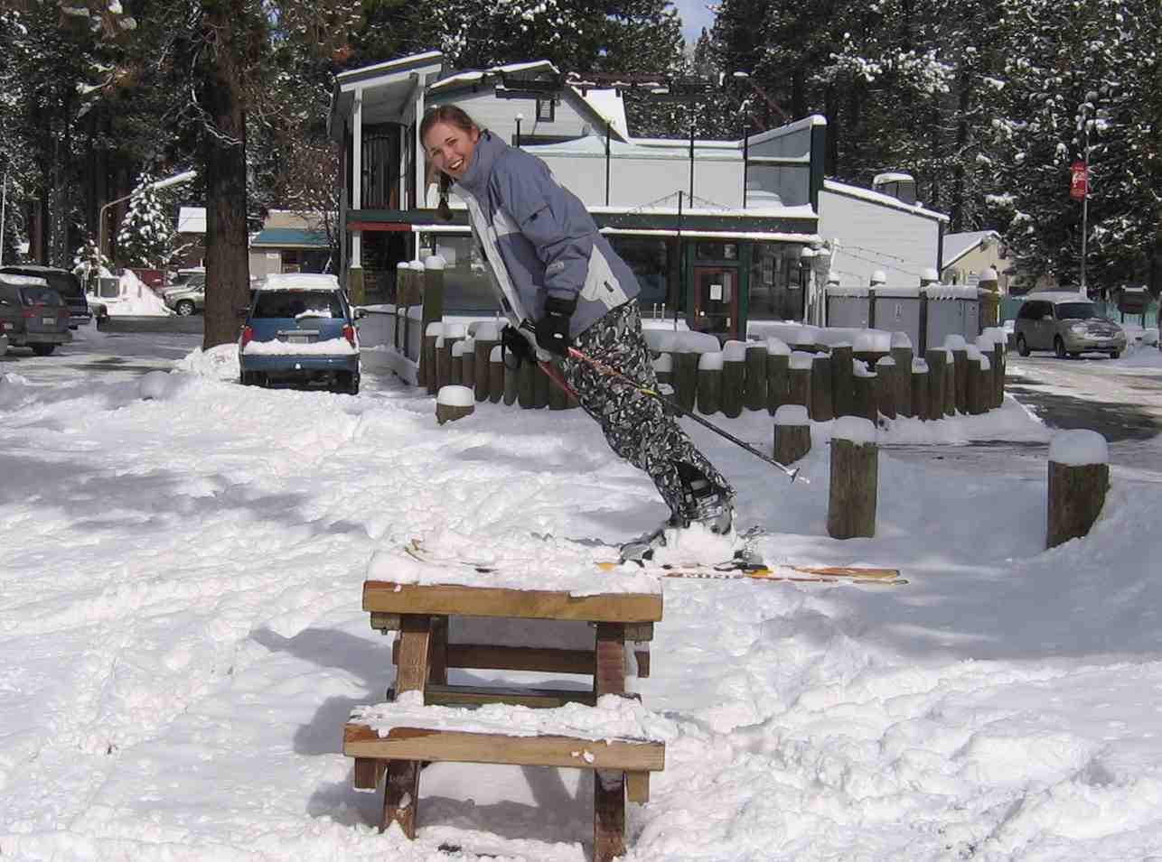 After skiing I play on picnic tables