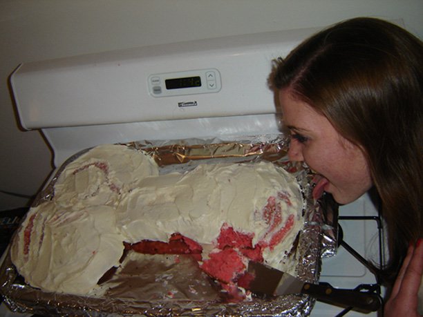 Birthday girl and her cock cake