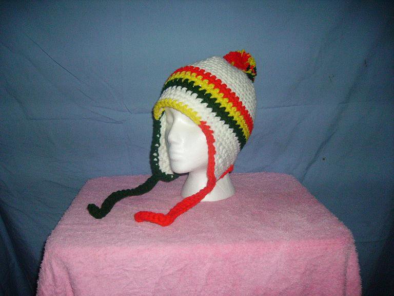 White and rasta striped beanie