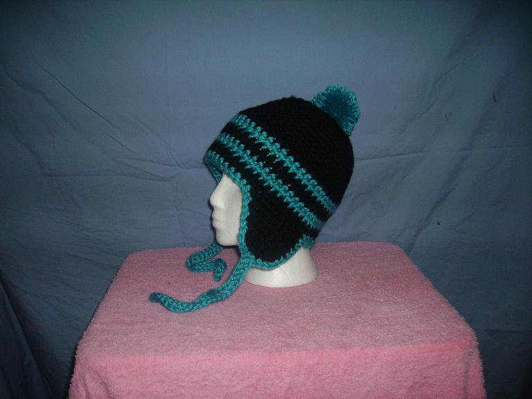 Black and electric blue earflap beanie