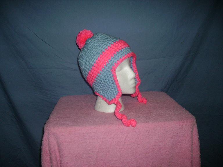 Blue and bright pink earflap beanie