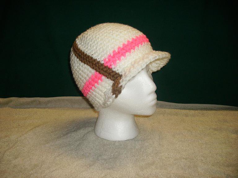 White visor beanie w/ pink and brown