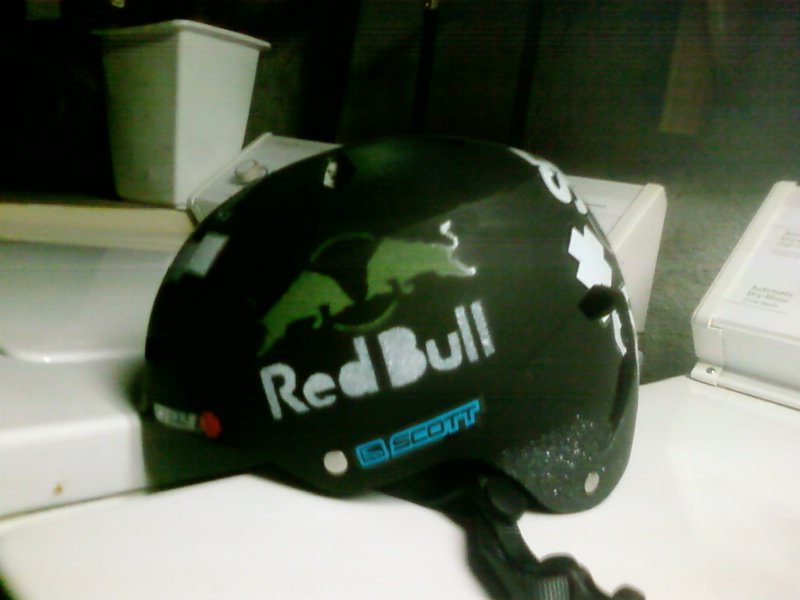 Red bull stencil on helmet