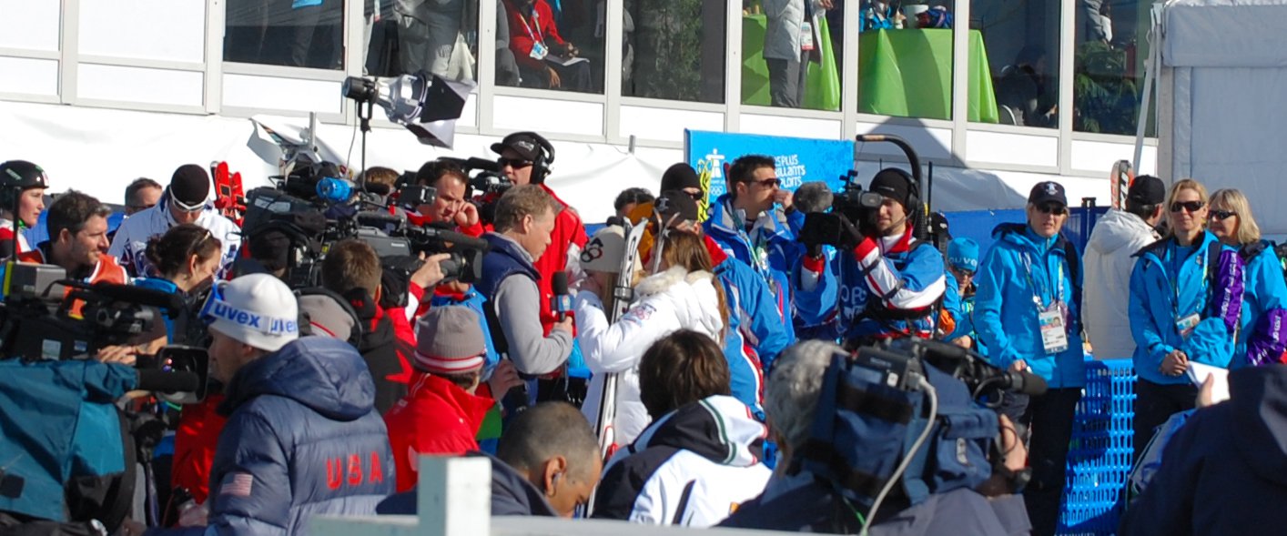 Lindsey Vonn after 40 racers go. Her husband in the USA gear front left.