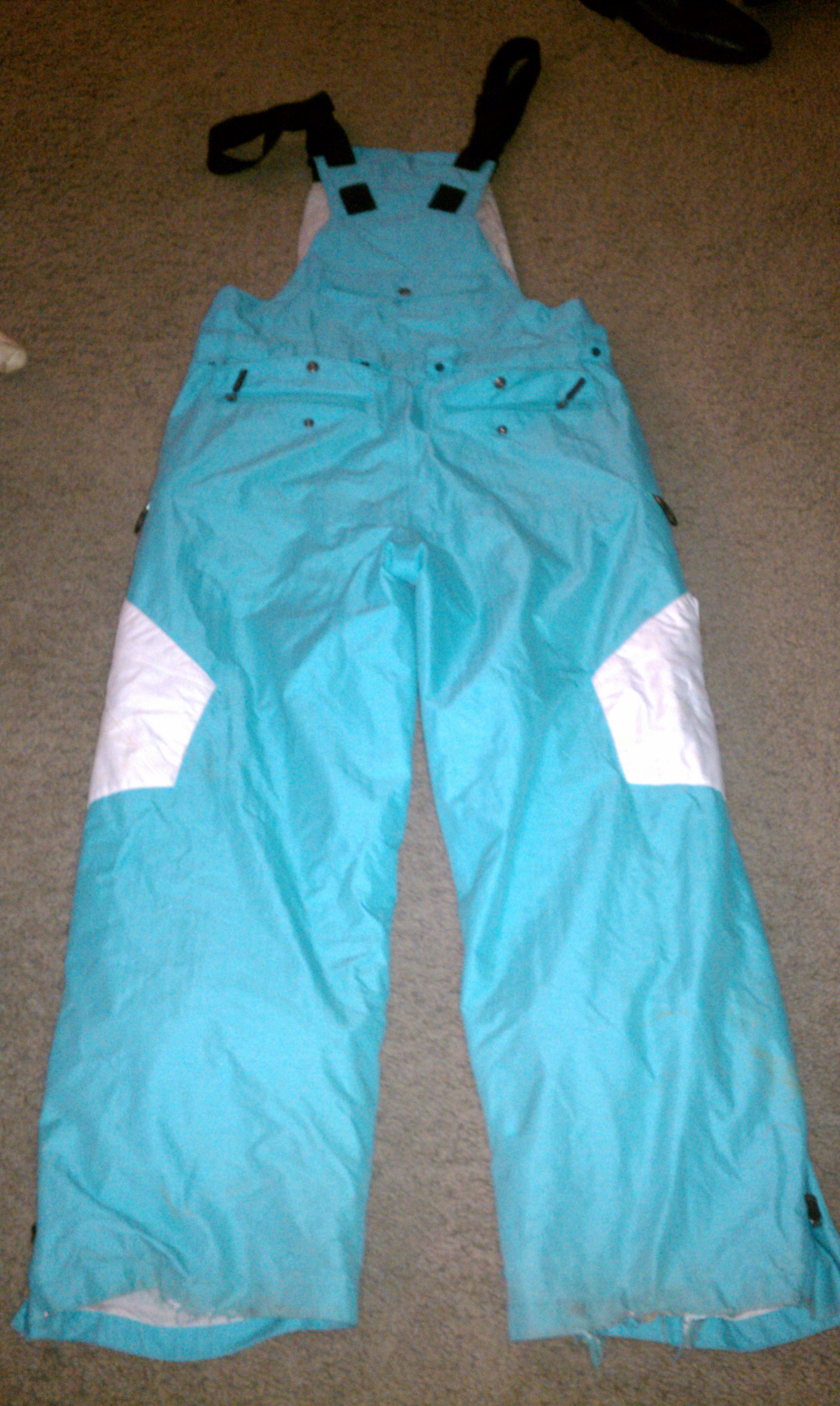 Blue ski pants, back