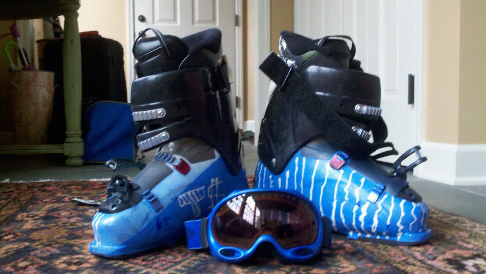 Dyed ski boots and goggles